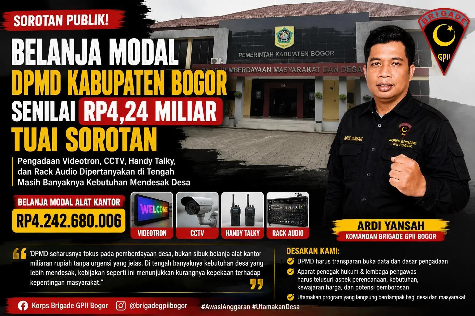 Fantastis! DPMD Kabupaten Bogor Anggarkan Rp4,2 Miliar untuk Videotron hingga CCTV, GPII Minta APH Turun Tangan